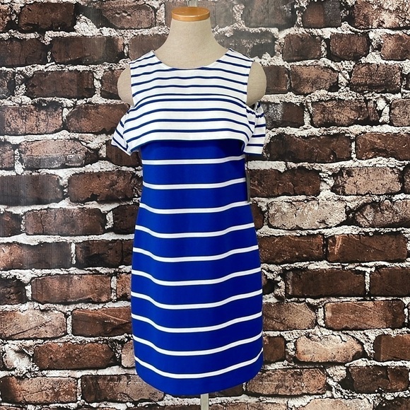 Vince Camuto Dress Women's 6 Blue White Striped Cold Shoulder Midi NWT - Picture 5 of 16